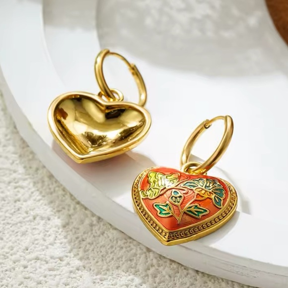 Vintage Ethnic Red Enamel 18K Gold Stainless Steel Gold Heart Earrings - Picture 2 of 8